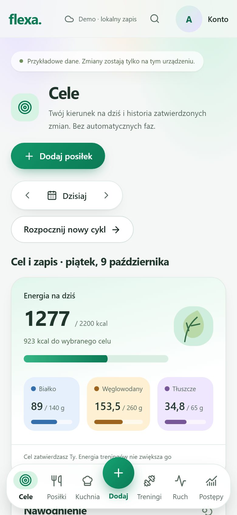 Ekran „Cele”: cykl, bieżąca i docelowa masa, energia zjedzona wobec celu oraz nawodnienie.