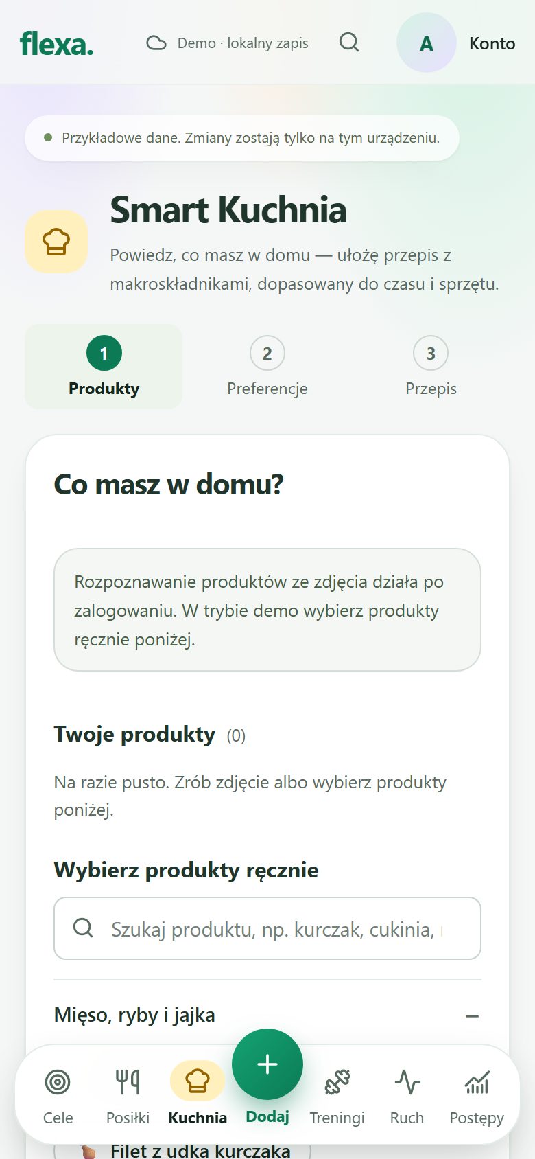 Ekran „Smart Kuchnia”: wybór produktów z lodówki i krótkie pytania o czas oraz sprzęt przed ułożeniem przepisu z makro.