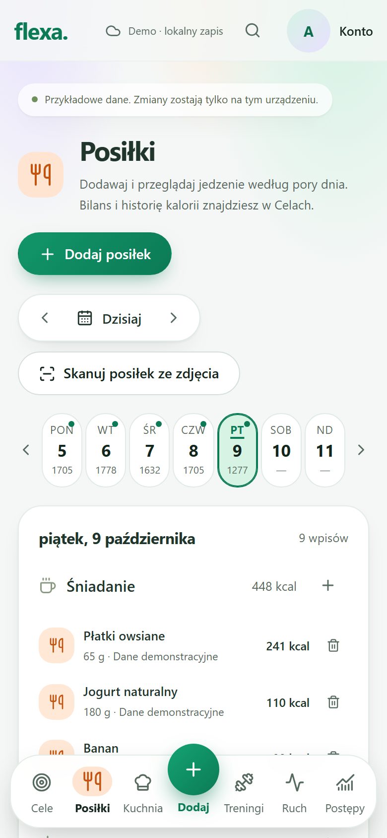 Ekran „Posiłki”: pasek dni tygodnia i lista zapisanych produktów według pory dnia.