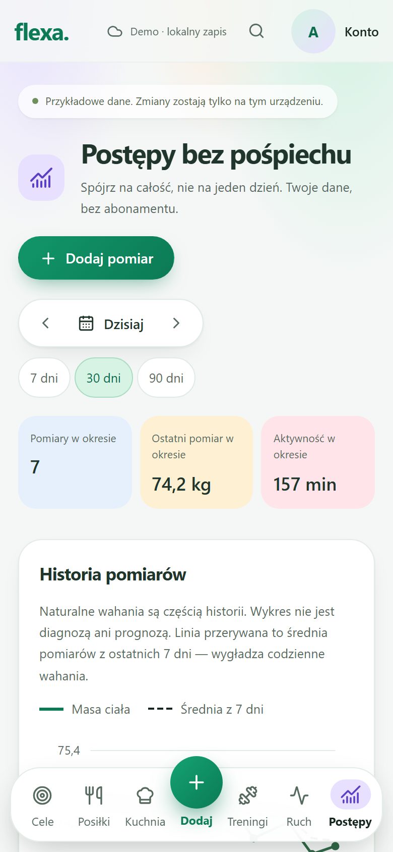 Ekran „Postępy”: pomiary masy ciała, trend wagi i wykres odczuwalnego obciążenia treningowego.