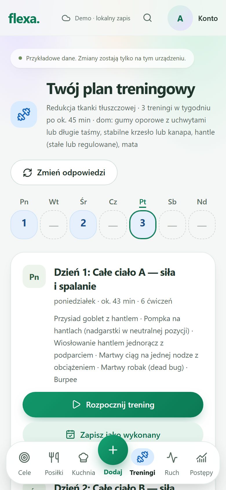 Ekran „Treningi”: pierwszy dzień tygodniowego planu z ćwiczeniami.